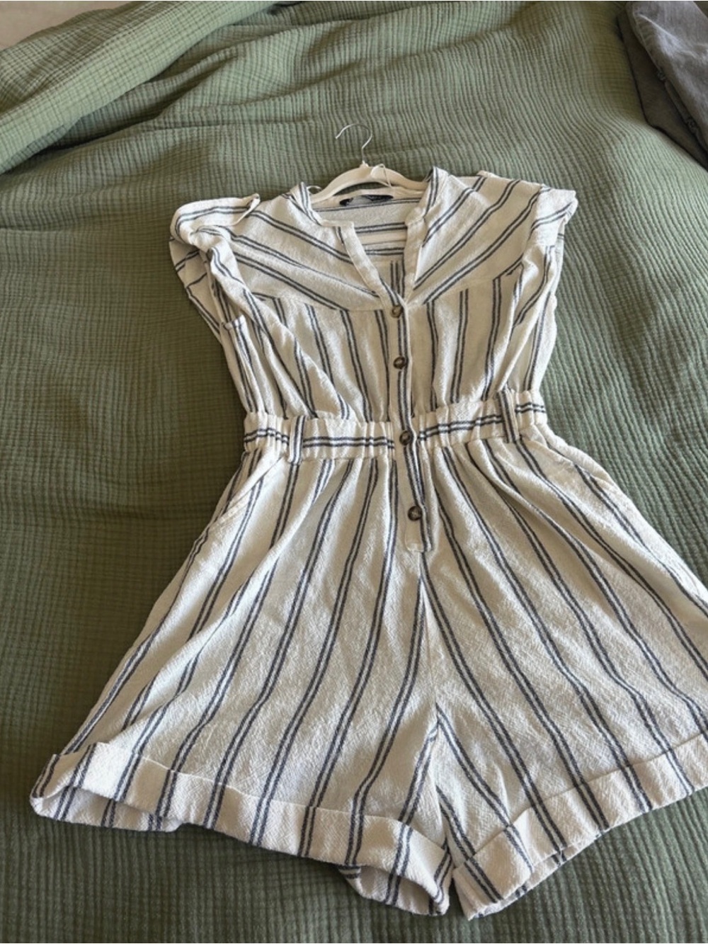 Zara Striped Cream and Navy Button-Front Romper